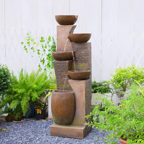 5 Tier Rustic Jar Water Fountain Outdoor with LED Lights (Brown51.4)