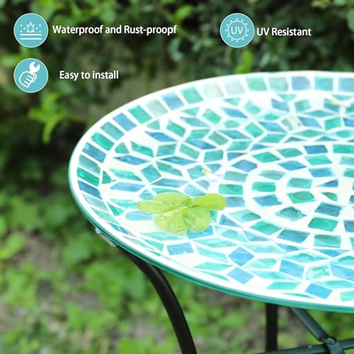 Mosaic Glass Bird Baths with Metal Stand for Garden Birdfeeder Decor (Green)