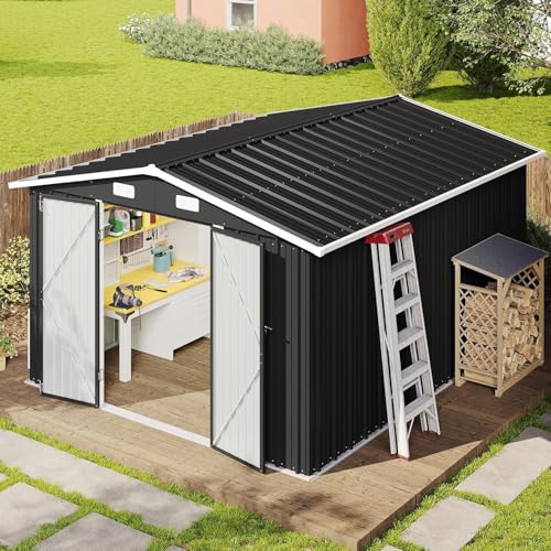 10 x 12FT Outdoor Storage Shed with Double Hinged Large Door (Black / 10'x12')
