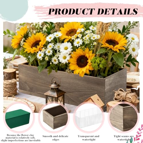 8 Set Wood Boxes for Centerpieces 12x4 Inch Rectangle Wooden Planter Box Rustic Wooden Planters with Removable Plastic Liner Floral Foam Blocks for Christmas Wedding Home Garden Decor (12 X 4 Inch / Brown)