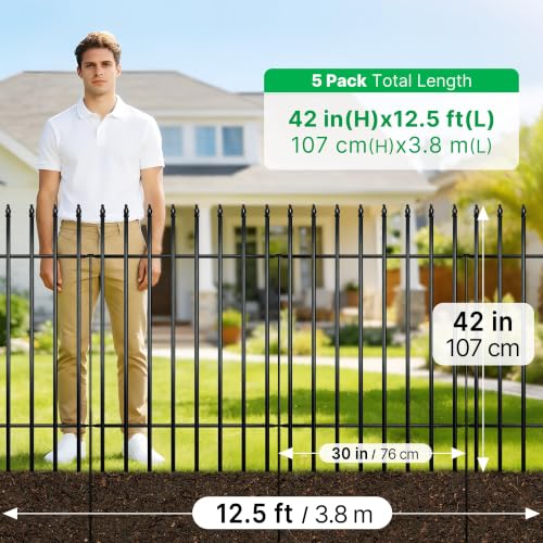 42" H x 12.5Ft Metal Garden Fence (Black / 42″ H x 12.5 ft (5 Panels))