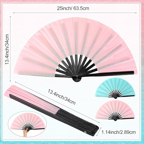 2 Packs Large Folding Hand Fans (Glitter Pink and Light Blue)