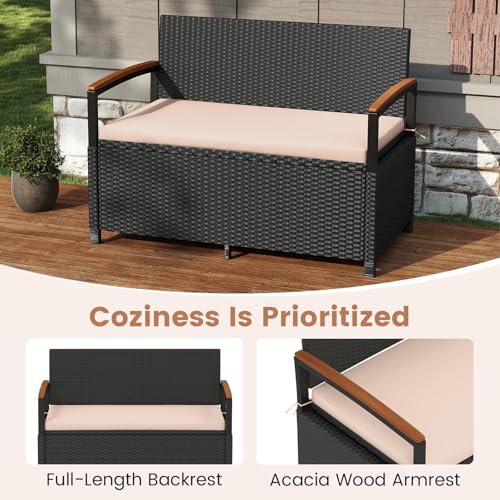 46 Gallon PE Rattan Outdoor Bench with Storage & Cushions (Black & Beige / 46 Gallon)