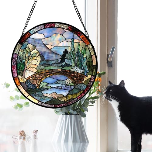 Stained Glass Window Hanging Arch Bridge Suncatcher Gifts for Women 6.3" (Blue Brown / 6.3x6.3 IN)
