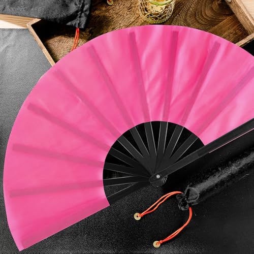 2 Packs Large Folding Hand Fans (Green and Rose Red)