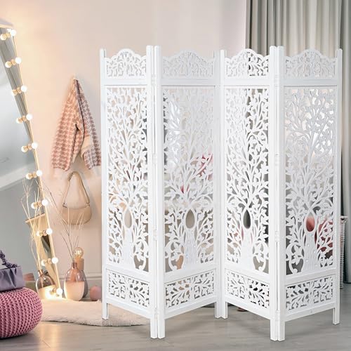 Room Divider Wooden Foldable Hand Carved Screens Panel 80" Wx72 H 4Panel (Antique White / 80"W x 72"H - Tree)