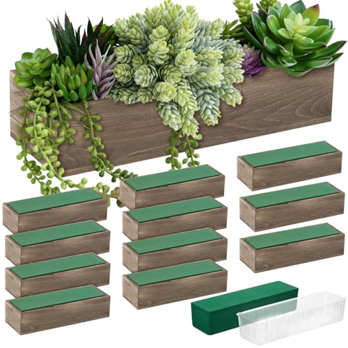 12 Set Wood Boxes for Centerpieces 12x4 Inch Rectangle Wooden Planter Box Rustic Wooden Planters with Removable Plastic Liner Floral Foam Blocks for Christmas Wedding Home Garden Decor (12 X 4 Inch / Brown)