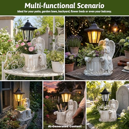 Solar Angel Outdoor Garden Statues with Lantern & Flower Pot (Angel)