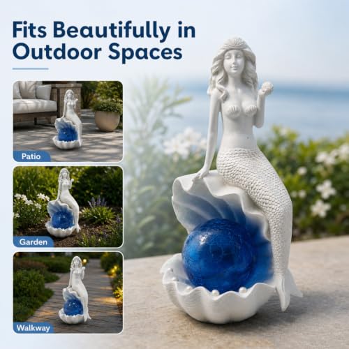 Mermaid Statue Outdoor Decor Garden Statues with Solar Lights (White)