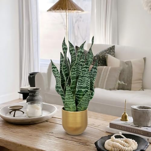 Artificial Snake Plant Potted Faux Sansevieria Trifasciata Plants (Green-16.9" Gold Pot)