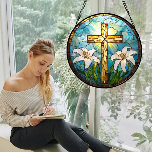 Cross with White Lilies Stained Glass Window Hanging Suncatcher Gifts 9.8" (Blue and Brown / 9.8x9.8 IN)