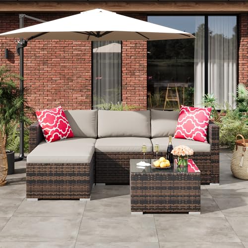 5-Piece All-Weather Patio Furniture Set, Convertible Outdoor Sectional Sofa with Ottoman & Tempered Glass Table, PE Rattan Conversation Set for Garden, Backyard, Porch, Poolside (Brown/Grey / 5 Pieces)