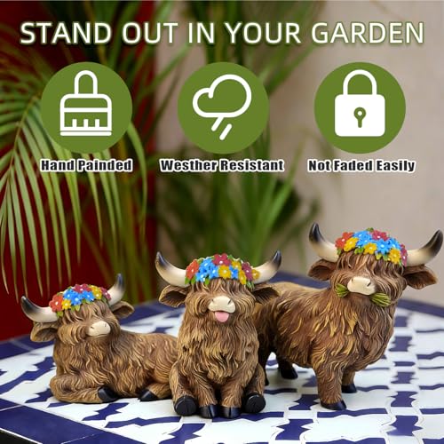 Highland Cow Garden Statues Set of 3 Resin Funny Outdoor Patio Lawn Decor (Dark Brown)