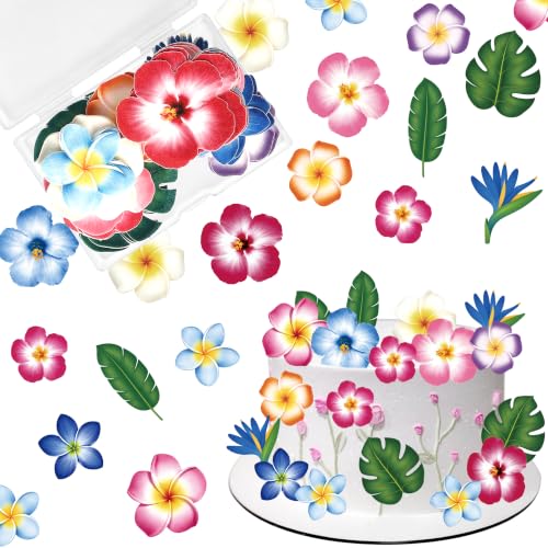65 PCS Edible Hawaiian Flowers Cupcake Toppers Tropical Palm Leaves Cupcake Picks Edible Hibiscus Flower Cake Decorations for Summer Hawaii Luau Theme Baby Shower Wedding Birthday Party Supplies (Pattern 4)