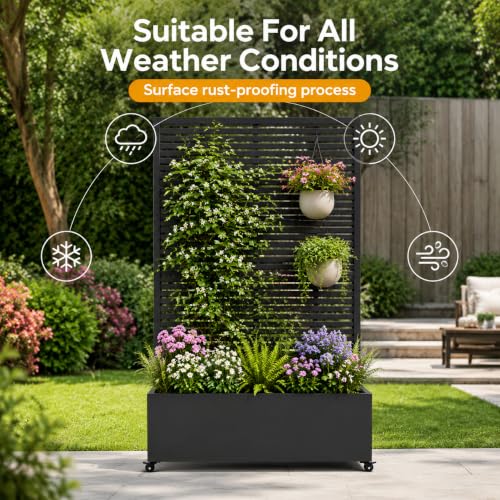 Metal Planter Box with Trellis Privacy Screen (Black line / 73"x 47"x 16")
