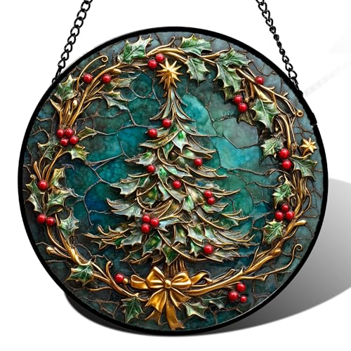 Christmas Teal Evergreen Stained Glass Window Hanging Suncatcher Gifts 6.3" (Cyan / 6.3x6.3 IN)