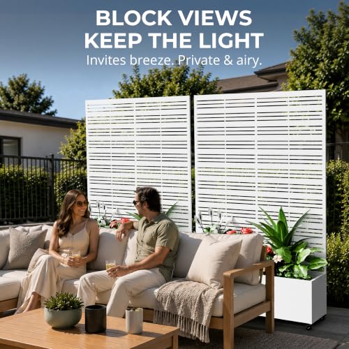 Metal Planter Box with Trellis Privacy Screen (White Line / 73"x 47"x 16")