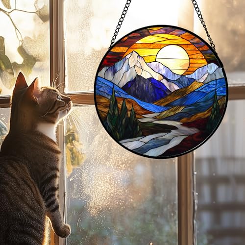 Blue Mountains Stained Glass Window Hanging Suncatcher Gift for Women 15"