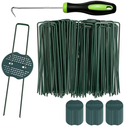 6 Inch 200 Pcs Galvanized Landscape Staples 200 Pcs Gaskets Pick Hook Garden Stakes 11 Gauge Anti (Green)