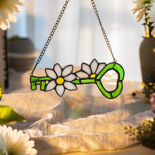 Flower Stained Glass Suncatcher for Window Hanging (White, Green)