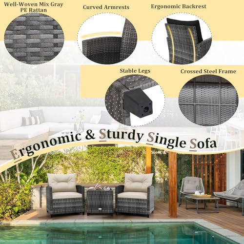 3 Pieces Patio Conversation Set PE Rattan Outdoor Furniture Sofa Set with Removable Cushion (Mix Grey & Beige)