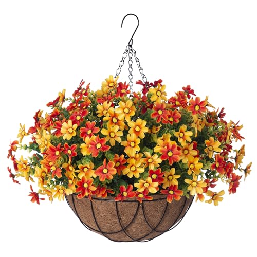 Artificial Fall Mums Flowers with Hanging Basket for Outdoor (Corange)