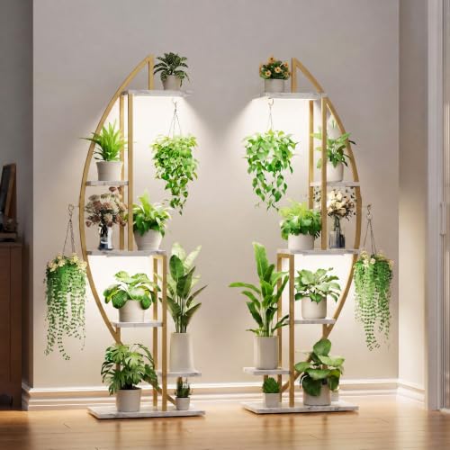 Plant Stand Indoor with Grow Lights (Faux Marble White + Gold)