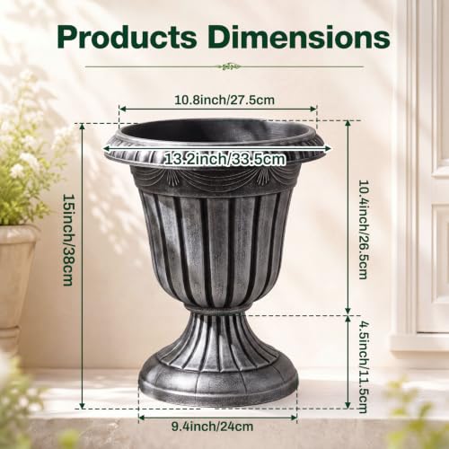 4 Pcs 13 x 15 Inches Silver Plastic Urn Planter Classic Flower Pots Front Porch Planters Indoor Outdoor Planters with Pedestal for Wedding Party Bridal Shower Garden Patio Porch (13 x 15 Inches / Silver)