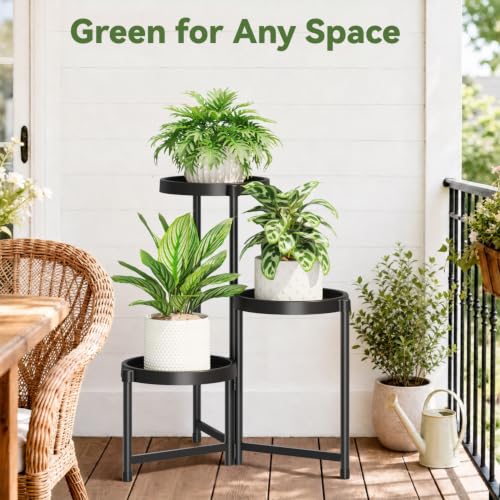 Plant Stand Indoor Outdoor with Large 10 Inch Plastic Tray (Black with Large Tray / 3 Tier)