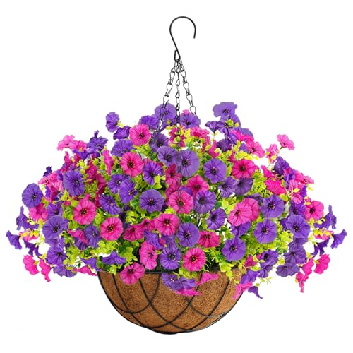 Artificial Fake Hanging Flowers with Basket for Outdoor Decor 12 Pcs UV Resistant Faux Silk Morning Glory Flowers Plants for Outdoor Outside Planters Home Porch Patio Balcony Spring Summer Décor (Dark Red&dark Violet)