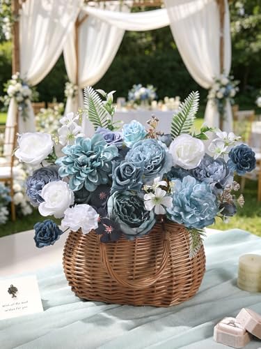 Artificial Flowers Combo Box Set Dusty Blue Silk Floral Arrangements for Wedding Bridal Bouquet (Dusty Blue White)