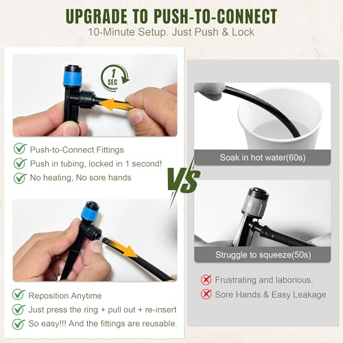 Push-to-Connect Drip Irrigation System Kit, Complete Premium Garden Watering System with 50FT 1/2" Mainline, Leak-Resistant Quick Connect Fittings, Adjustable Drip Emitters for Raised Beds, Greenhouse