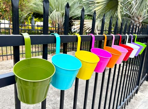10 Pack 6" Colorful Metal Hanging Railing Planters with Detachable Hooks (Round - 5.9 Inch)