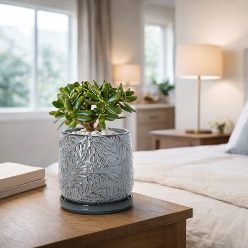 Embossed Leaves Ceramic Planter (5 Inch / Graphite Blue)