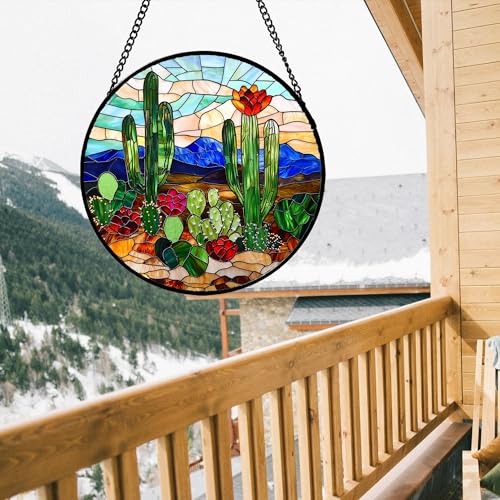 Green Cactus Stained Glass Window Hanging Suncatcher Gifts for Women 7.8"