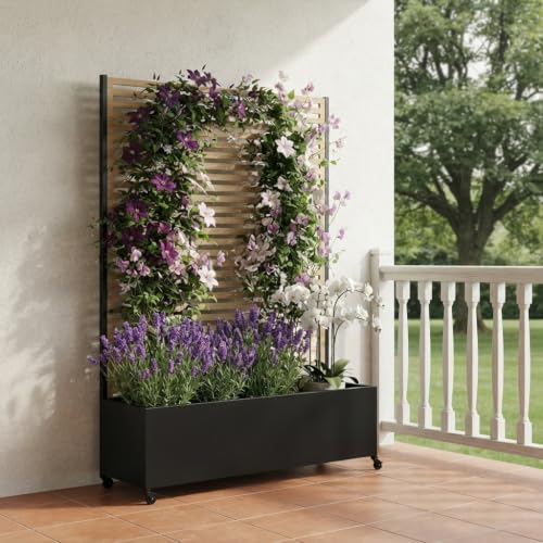 Metal Planter Box with Trellis Privacy Screen (Wood Grain / 73"x 47"x 16")