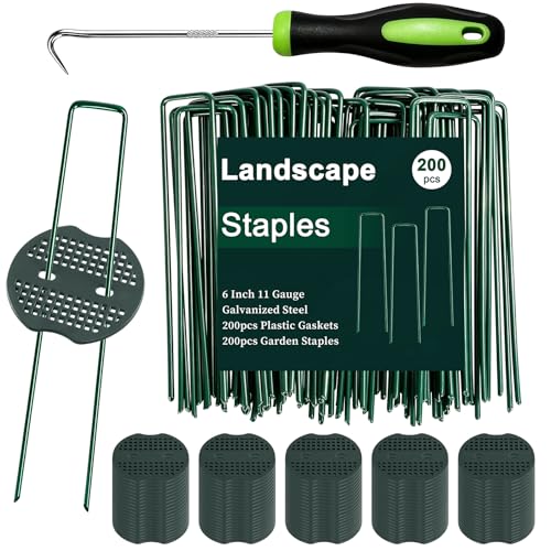 6 Inch 200 Pcs Galvanized Landscape Staples 200 Pcs Gaskets Pick Hook Garden Stakes 11 Gauge Anti (Green)