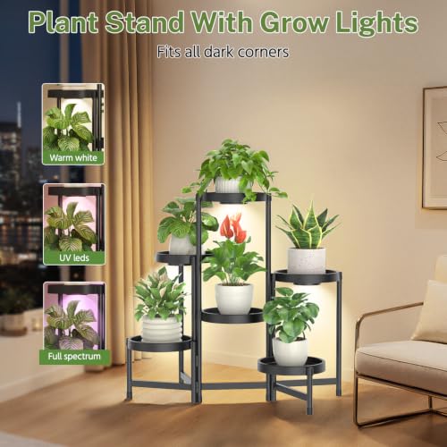 Plant Stand Indoor Outdoor Tall With Grow Lights (Black with Light / 6 Tier)