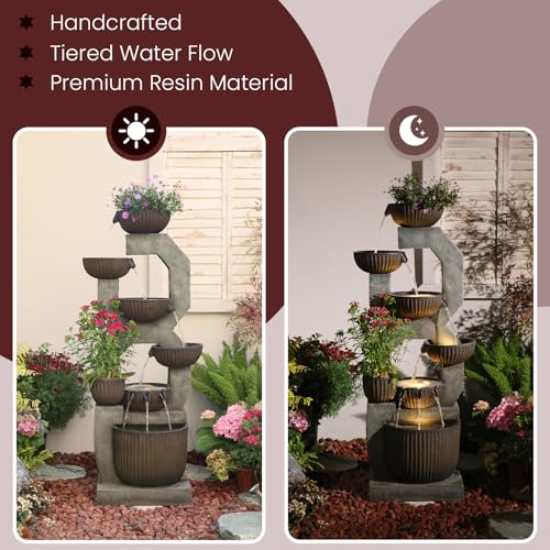 57'' H Tall Large Outdoor Water Fountain with Planter (Grey- 57 Inch)