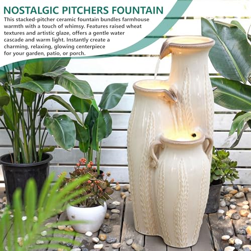 30" Ceramic Vase Water Fountain Outdoor with LED Lights (Beige Glaze Cascading Vase 29.5"h)
