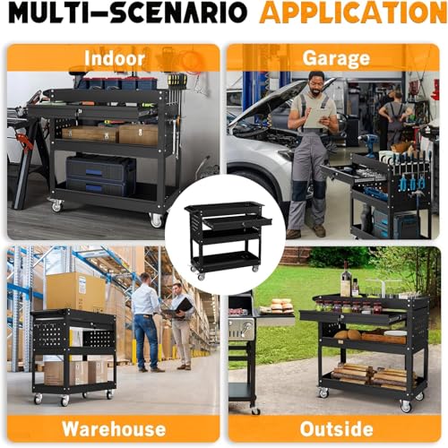 3 Tier Tool Cart on Wheels with Drawers (Black)