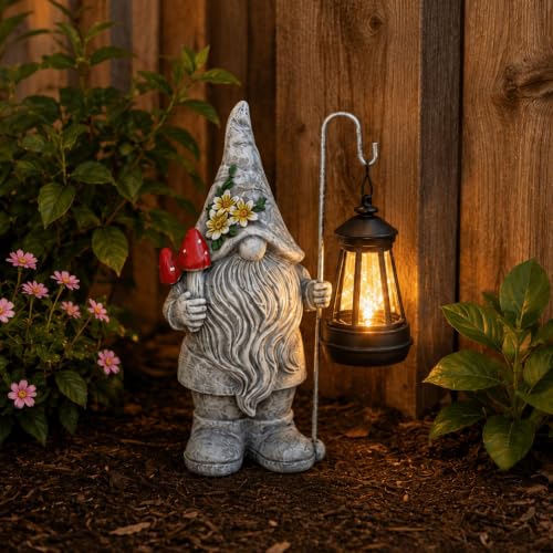 Garden Gnome Statue with Lantern (Mushroom Gnome)