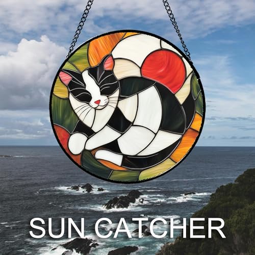 Cozy Tuxedo Cat Stained Glass Window Hanging Suncatcher Gift for Mom 6.3" (Black and White / 6.3x6.3 IN)