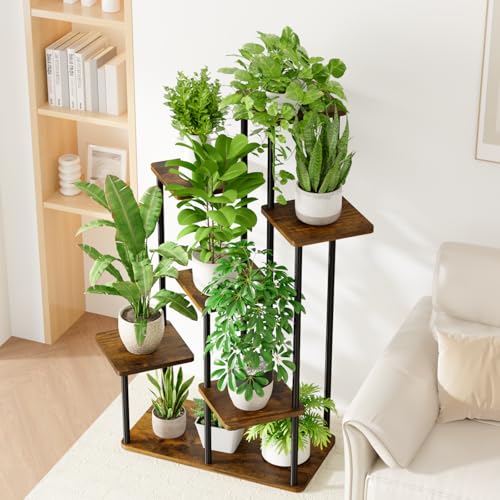 Large Plant Stand Indoor Tall Metal Plant Shelf (Brown Oak / 7 Tier)