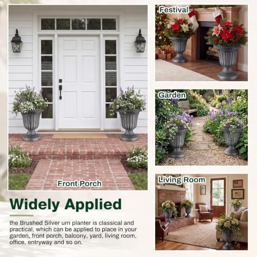 4 Pcs 13 x 15 Inches Silver Plastic Urn Planter Classic Flower Pots Front Porch Planters Indoor Outdoor Planters with Pedestal for Wedding Party Bridal Shower Garden Patio Porch (13 x 15 Inches / Silver)