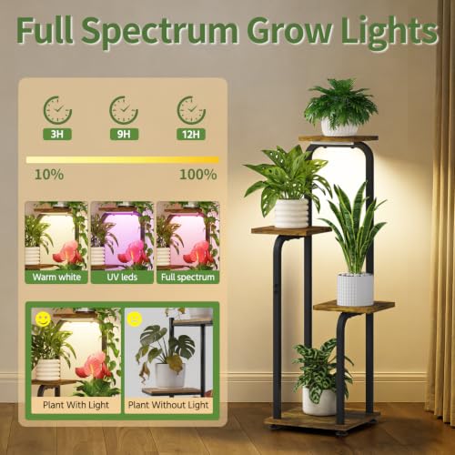 Plant Stand Shelf Tall for Indoor Corner with Lights (Classic Brown-Black with Lights / 4 Tier)