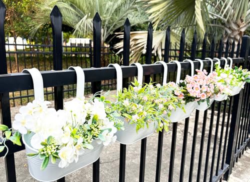 6 Pack 10" Metal Hanging Fence Planter Outdoor with Detachable Hooks (White)