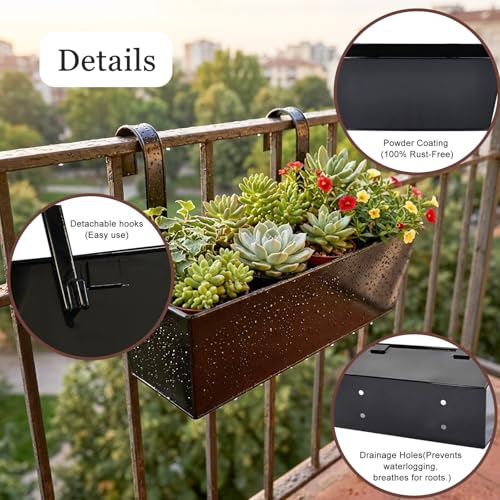 17" Metal Railing Planter with Detachable Hook (Rectangular-black)