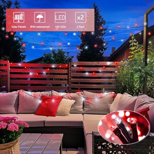 2 Pack Solar Christmas Lights (Red and White / 100LED*2)