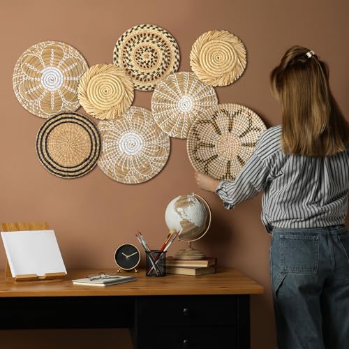 8 Pcs Boho Wall Basket Decor Decorative Bulrush Woven Basket Wall Decor Rustic Farmhouse Hanging Baskets for Kitchen Rustic Home Summer Decorations (Groovy)